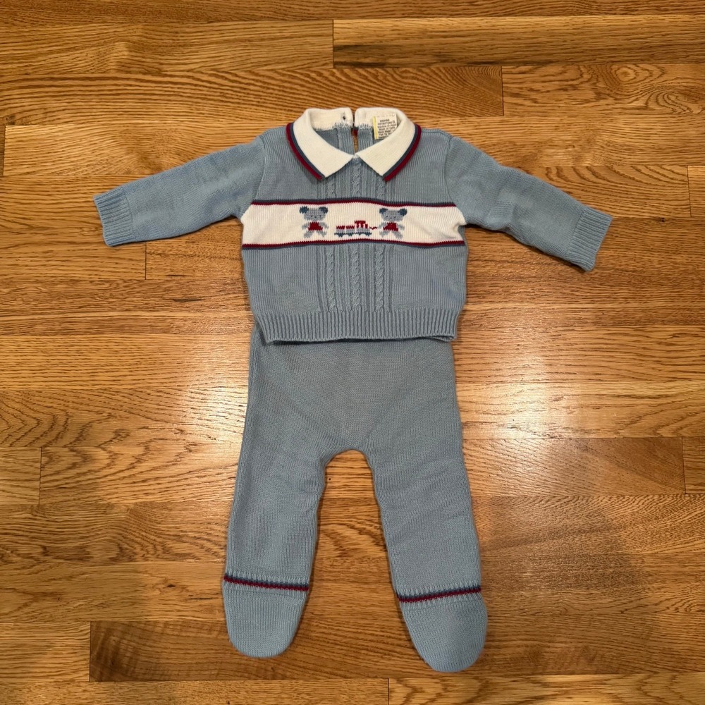 Vintage Knit Sweater & Footed Pants Set Infant 3 Months Blue Bear Train 2pc
